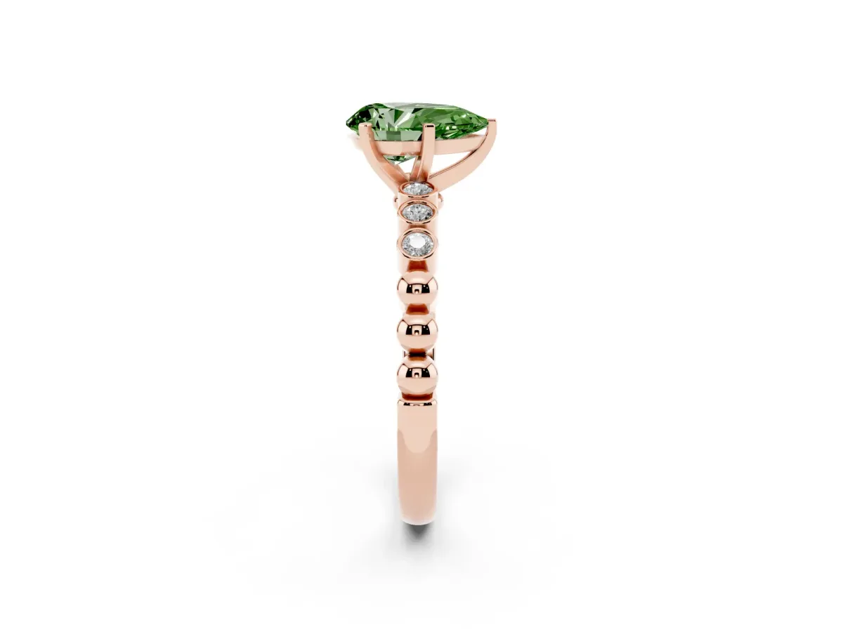Fancy Green Pear Cut Solitaire Bezel Accent Diamond Engagement Ring with Beaded Band and Four-Prong Setting Rose gold