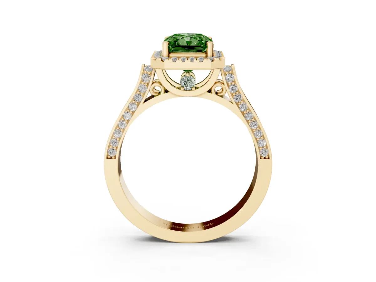 Fancy Green Radiant Cut Halo Round Diamond Twist Band with Four-Prong Setting Yellow gold