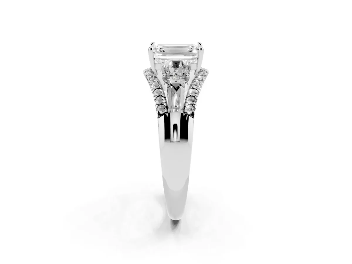 Three-Stone Emerald Cut Diamond Engagement Ring with Pave Band and Prong Setting Silver
