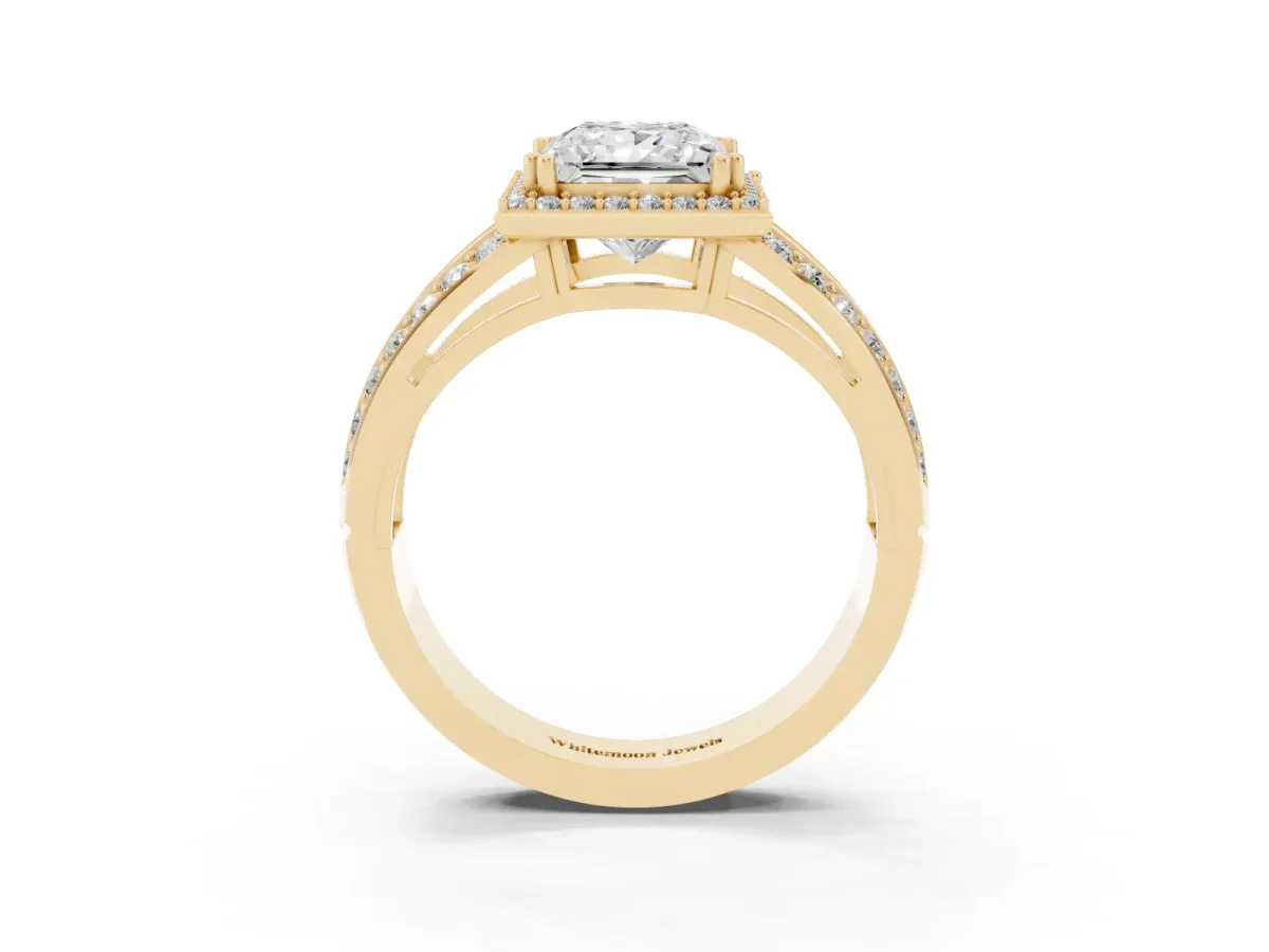 Princess Cut Diamond Halo Ring with Split Shank Pavé Band and Four-Prong Setting Yellow gold