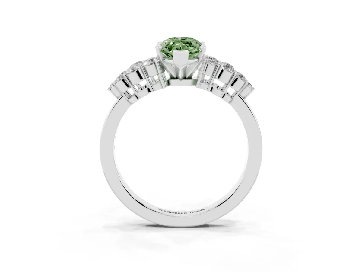 Fancy Green Marquise Cut Cluster Diamond Engagement Ring with Pavé Band and Four-Prong Setting White gold