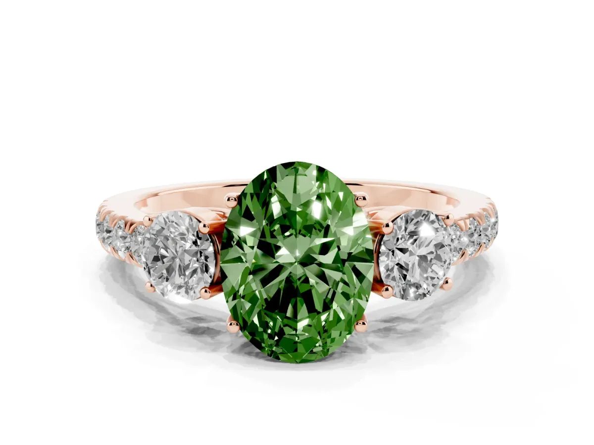 Fancy Green Oval Cut Cut Diamond Three-Stone Ring with Round Side Stones and Pavé Band Rose gold
