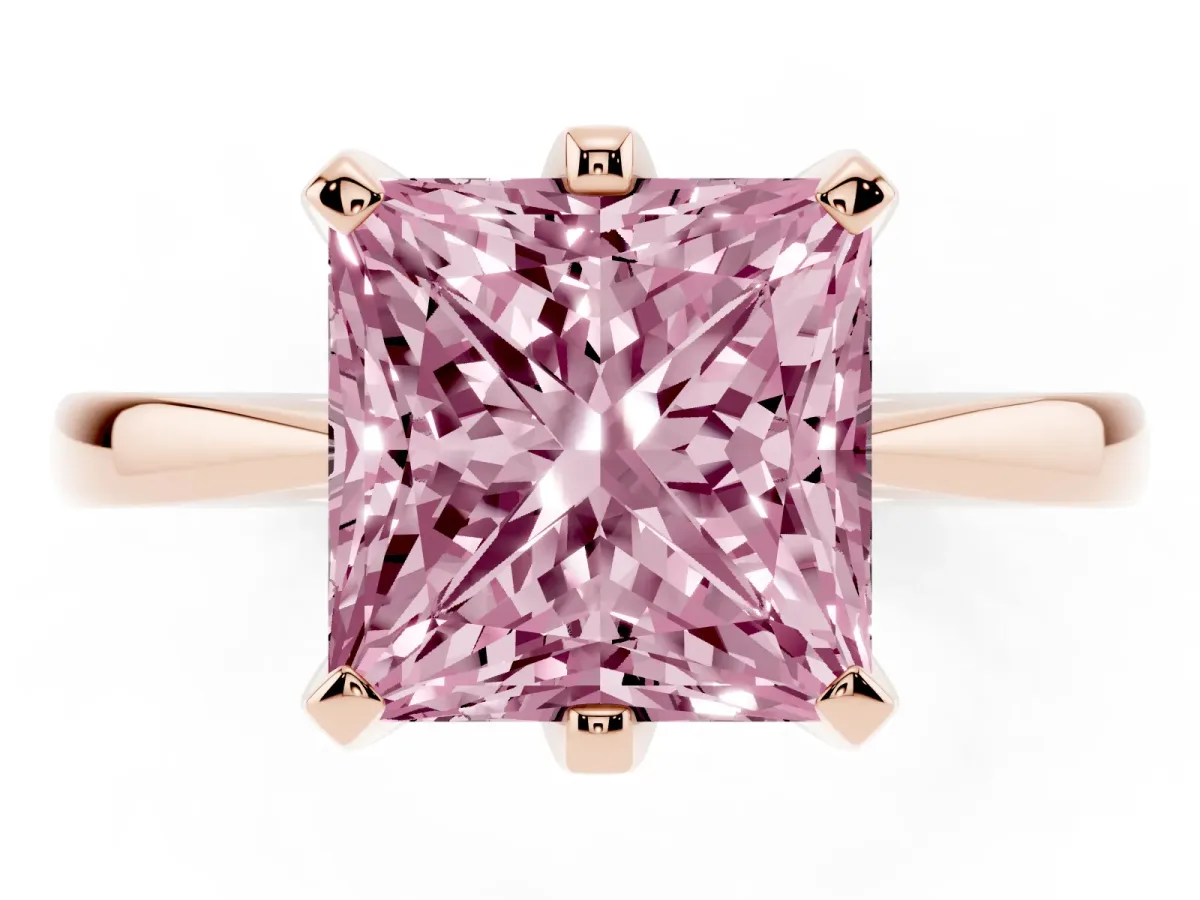 Fancy Pink Princess Cut Solitaire Engagement Ring with Six-Prong Setting and Tapered Band Rose gold