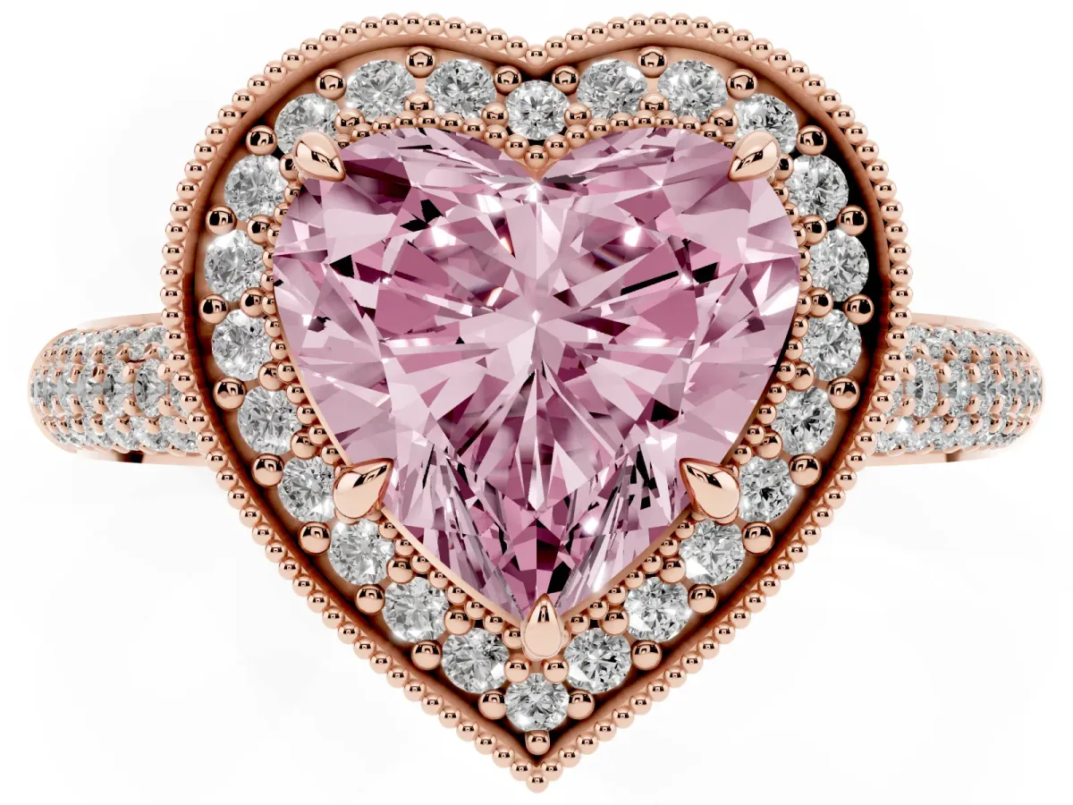 Fancy Pink Heart Cut Cut Halo Diamond Pave Band with Four-Prong Setting Rose gold