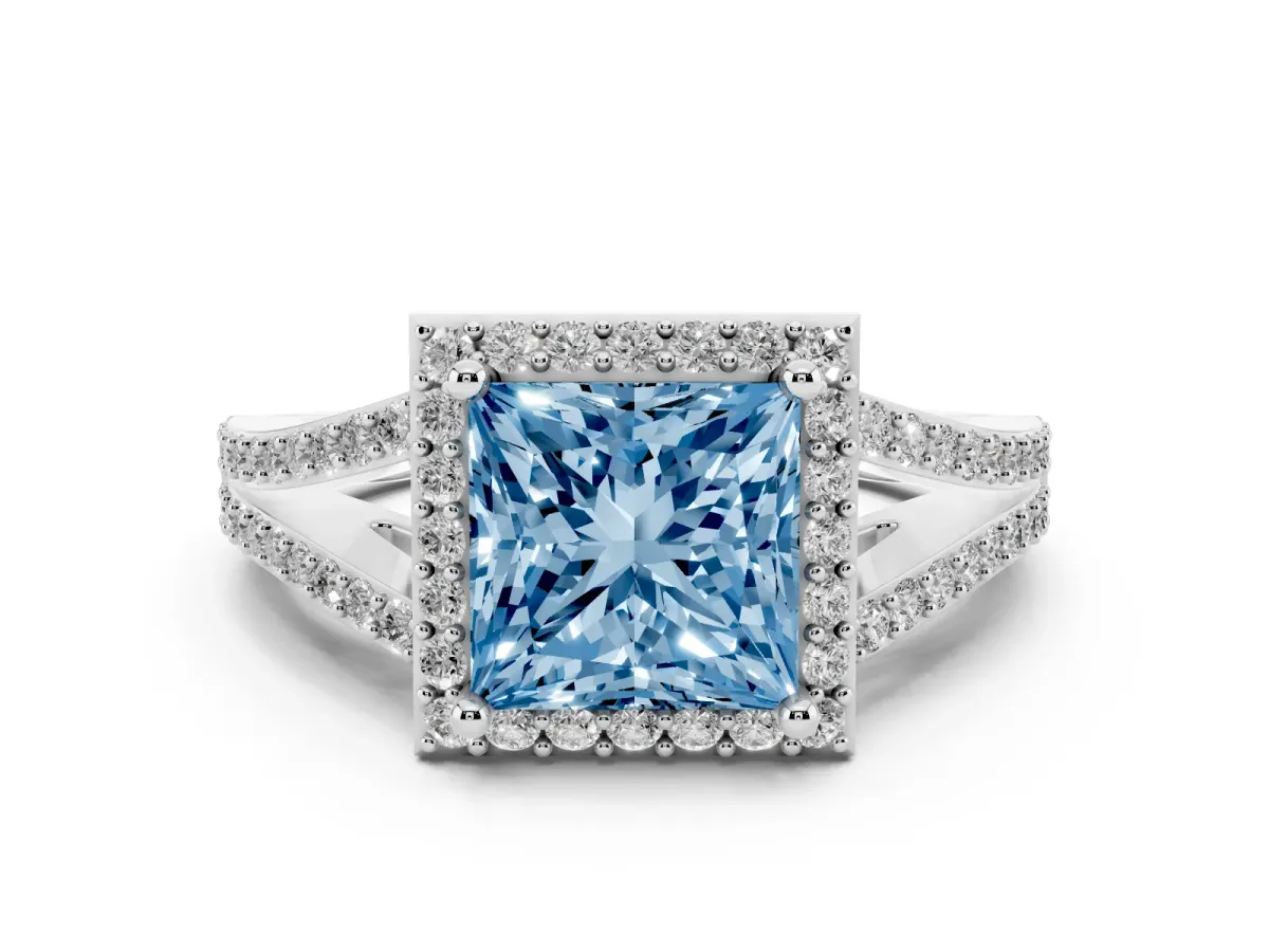 Fancy Blue Princess Cut Halo Split Shank Diamond Ring with Prong Setting Silver