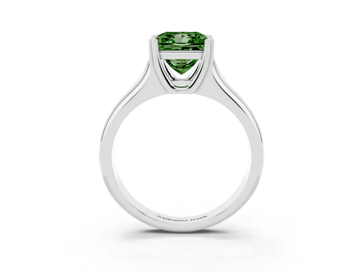 Fancy Green Princess Cut Diamond Solitaire Ring with Wide Band and Prong Setting White gold