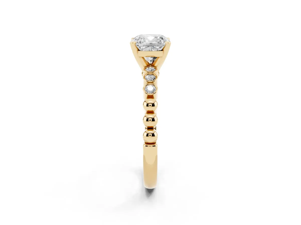 Cushion Cut Solitaire Bezel Accent Diamond Engagement Ring with Beaded Band and Four-Prong Setting Yellow gold