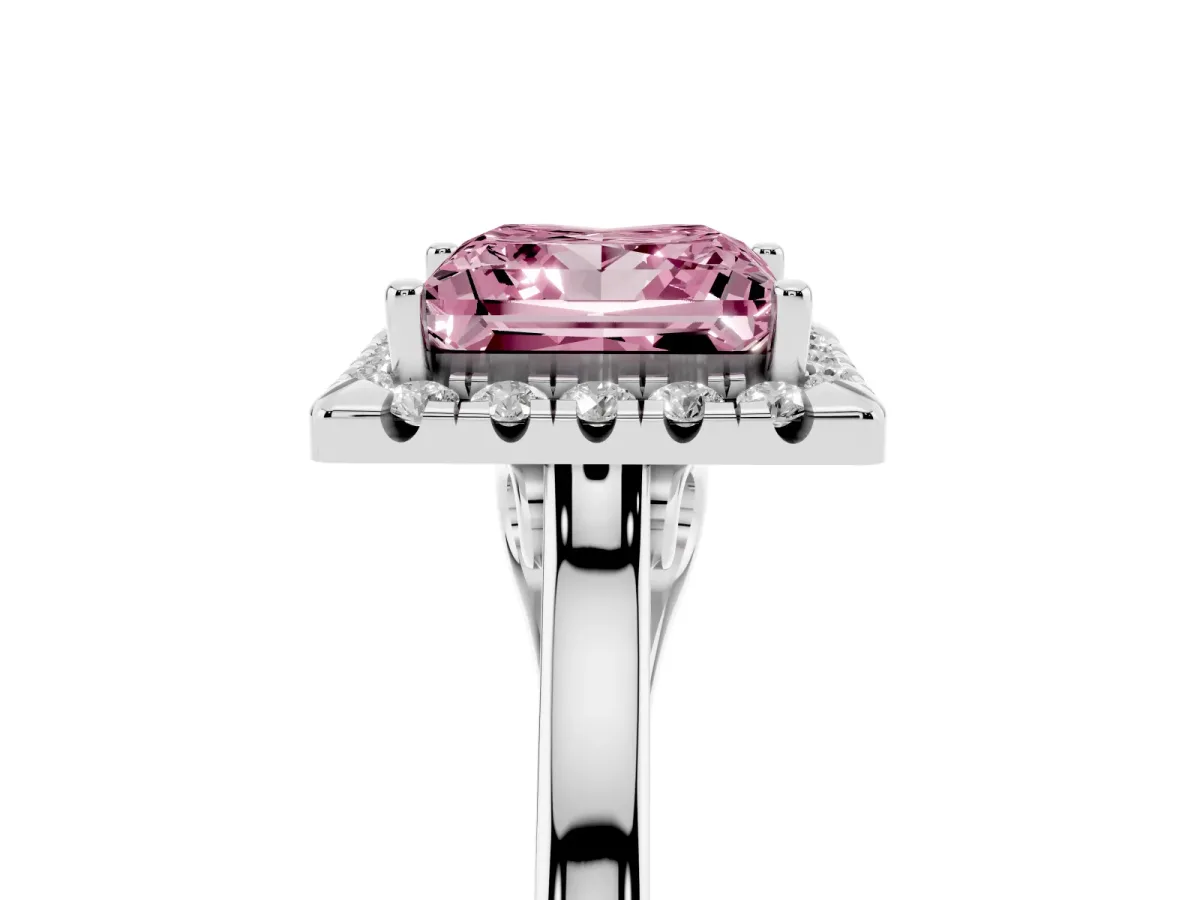 Fancy Pink Princess Cut Halo Round Diamond Solitaire Ring with Pavé Band and Four-Prong Setting Silver