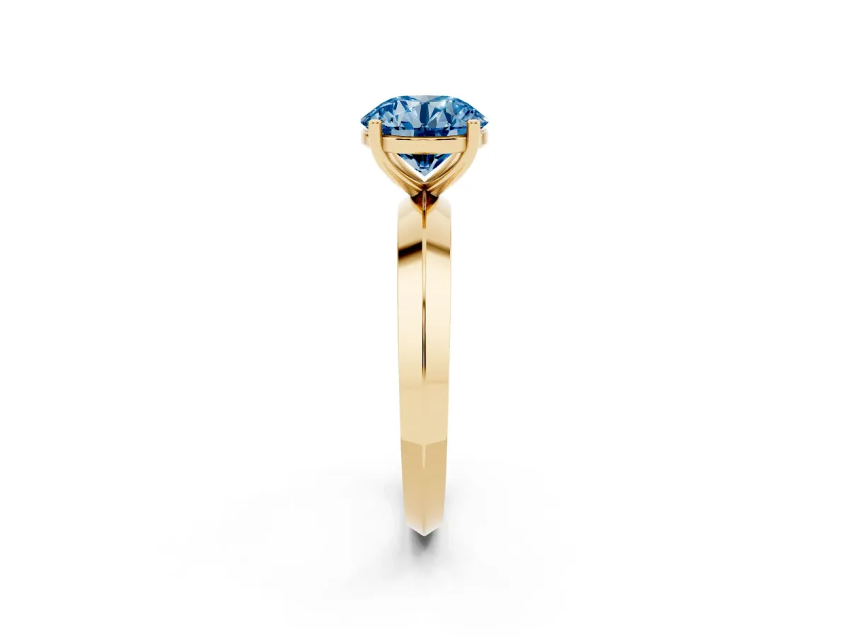 Fancy Blue Round Cut Cut Solitaire Engagement Ring with Flat Band and Four-Prong Setting Yellow gold