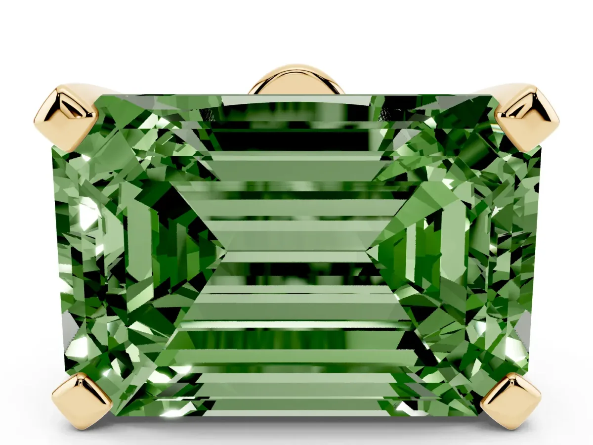 Fancy Green Emerald Cut Diamond Solitaire Ring with Prong Setting and Classic Band Yellow gold