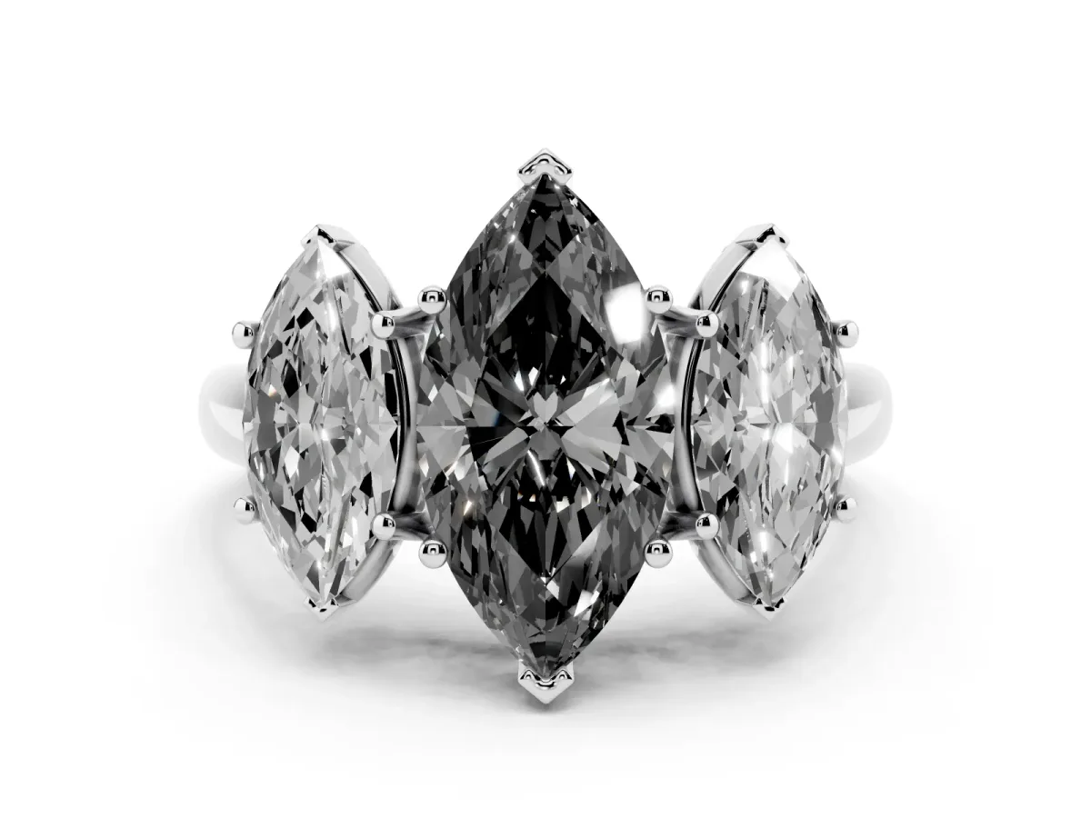 Fancy Black Three-Stone Marquise Cut Diamond Engagement Ring with Prong Setting White gold