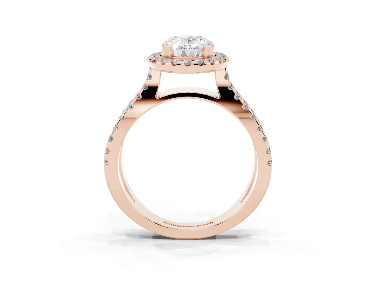 Oval Cut Diamond Halo Ring with Split Shank Pavé Band and Prong Setting Rose gold