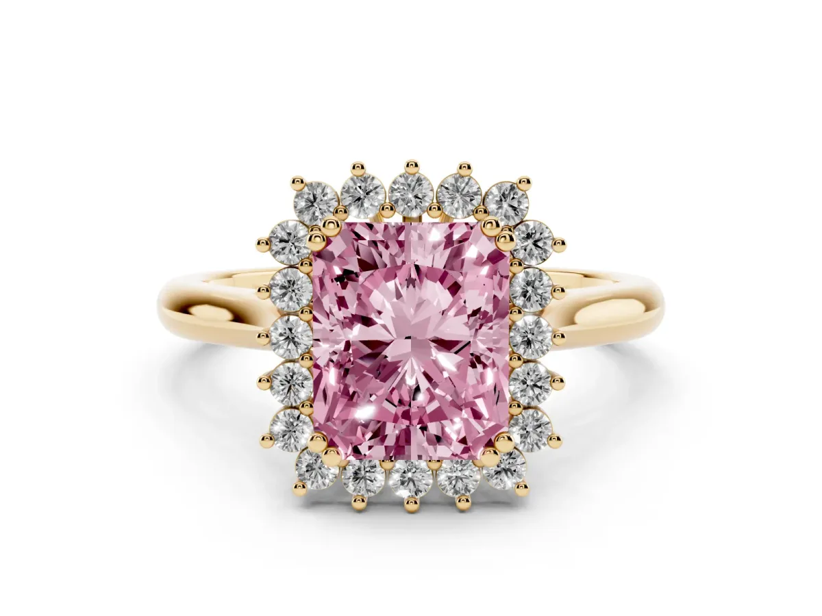 Fancy Pink Radiant Cut Cut Diamond Halo Ring with Solitaire Band and Prong Setting Yellow gold