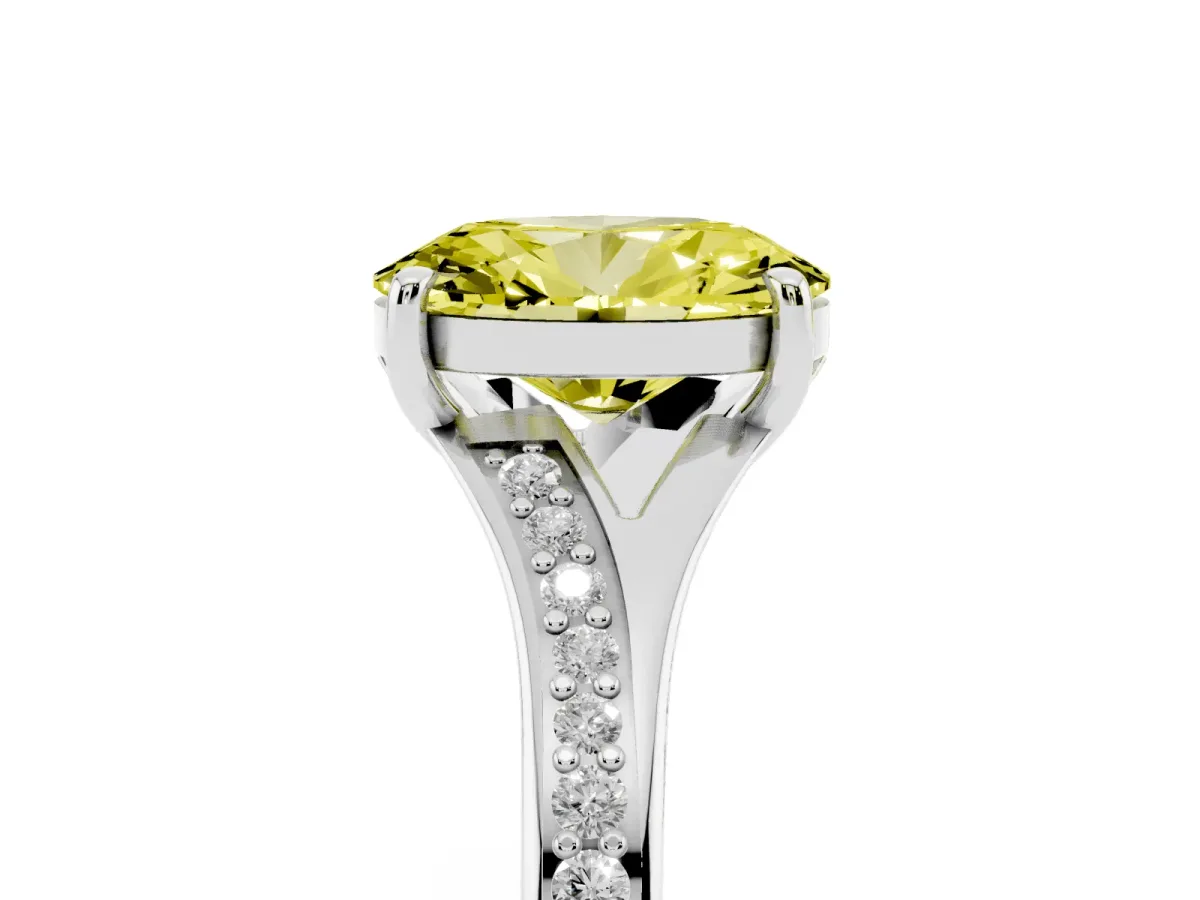 Fancy Yellow Oval Cut Diamond Solitaire Ring with Pavé Band and Prong Setting Silver