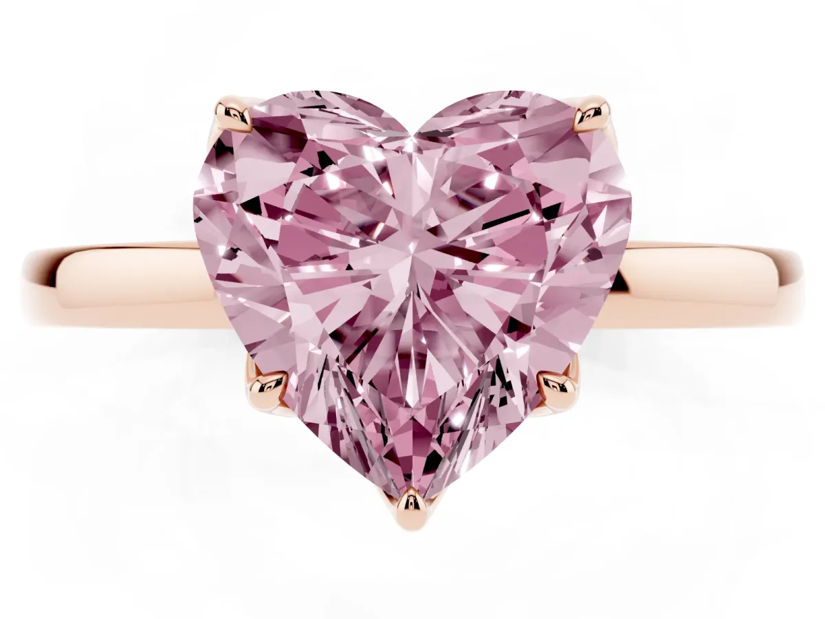 Fancy Pink Heart Cut Diamond Solitaire Ring with Thin Band and Prong Setting Rose gold