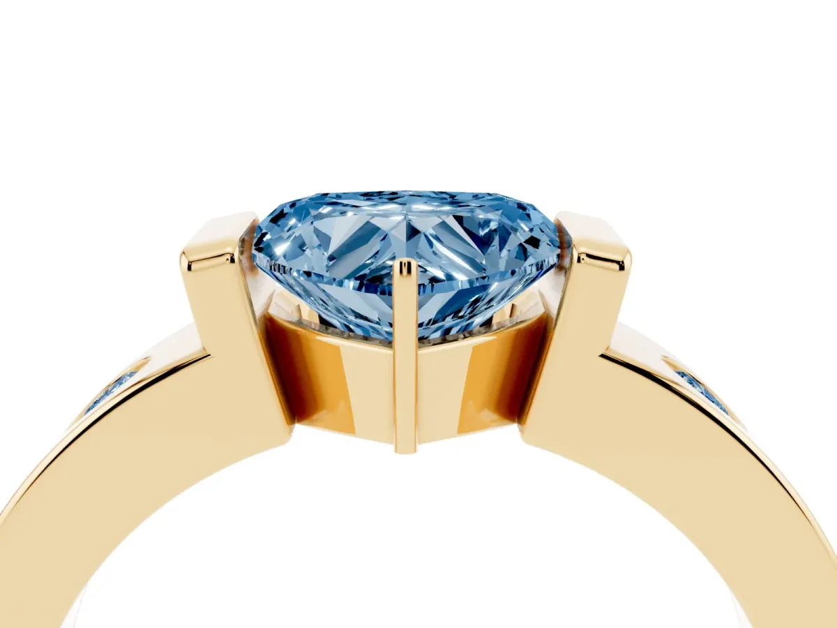 Fancy Blue Heart Cut Brilliant Channel-Set Diamond Ring with Bezel Prong Setting Yellow gold
