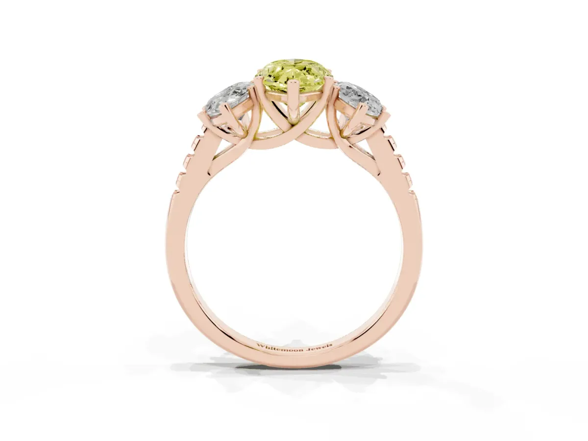 Fancy Yellow Three-Stone Marquise Cut Diamond Ring with Round Pavé Band and Prong Setting Rose gold