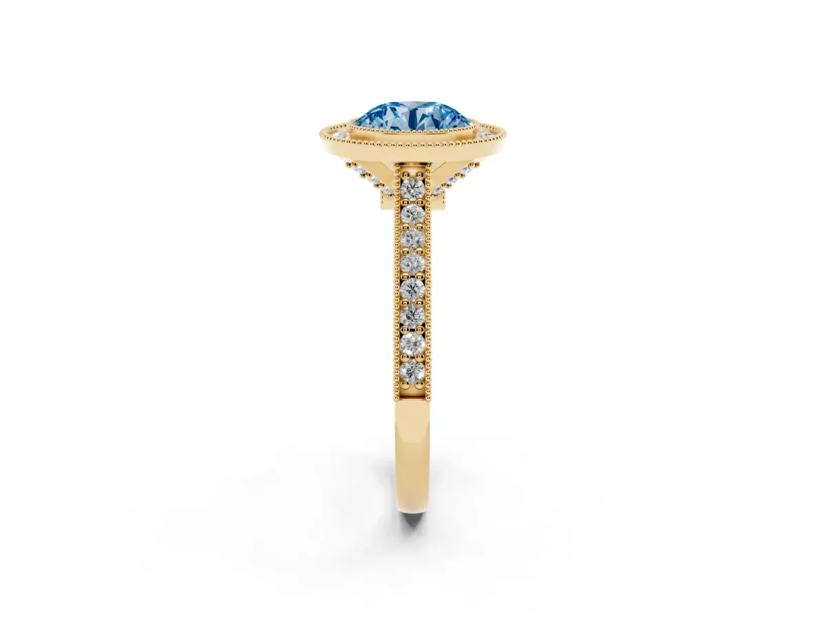 Fancy Blue Halo Round Cut-Cut Diamond Pave Band Milgrain Prong Setting Ring Yellow gold