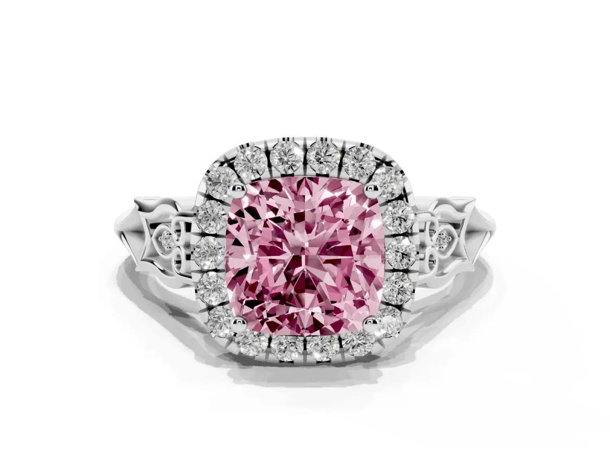 Fancy Pink Cushion Cut Halo Diamond Engagement Ring with Filigree Band and Four-Prong Setting Platinum