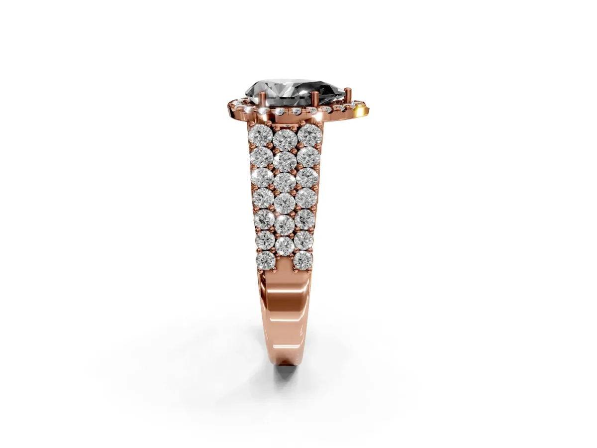Fancy Black Pear Cut Diamond Halo Engagement Ring with Triple Row Round Pavé Band and Prong Setting Rose gold