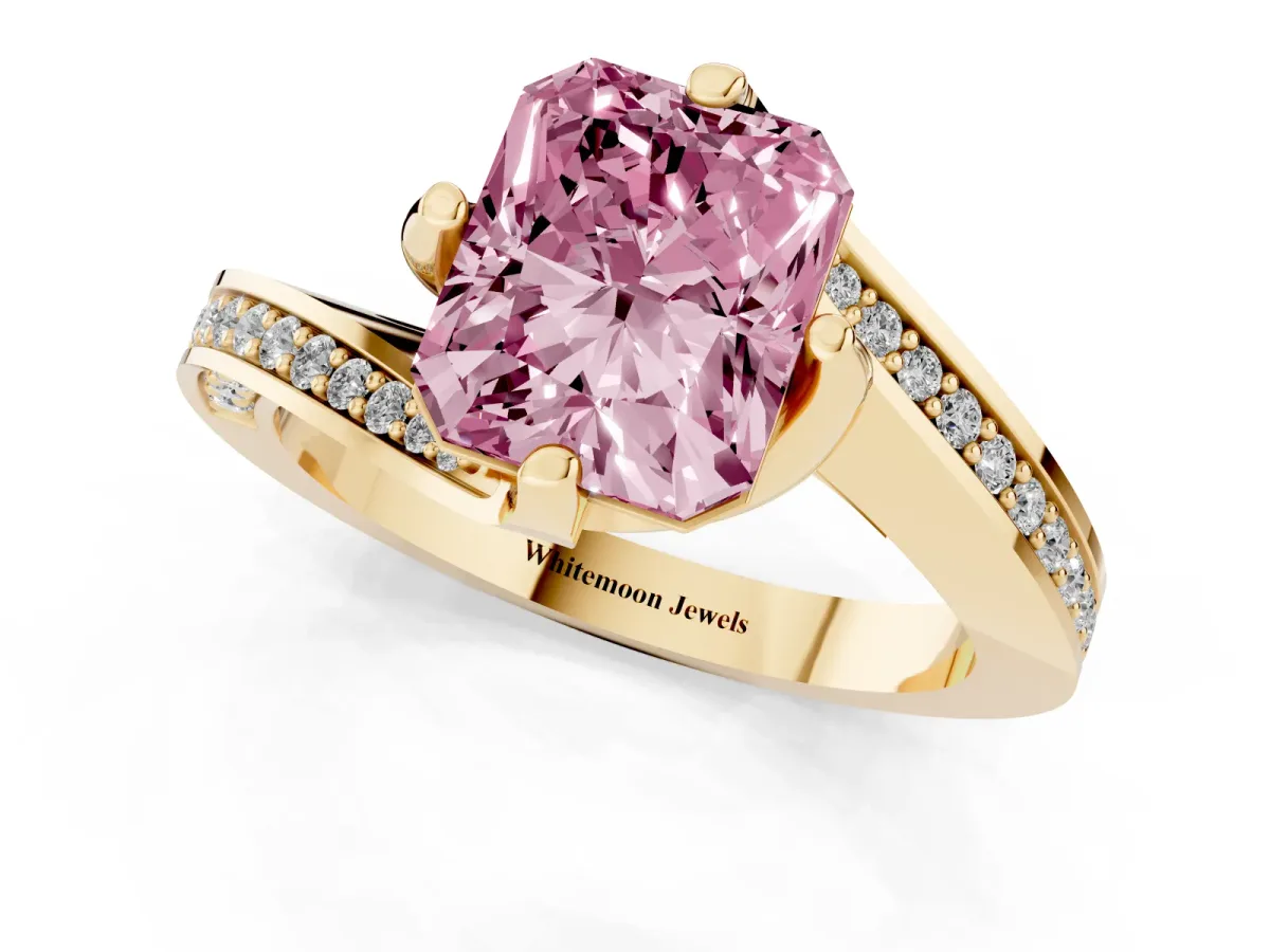 Fancy Pink Radiant Cut Solitaire Diamond Twist Band with Pavé Setting and Four-Prong Setting Yellow gold