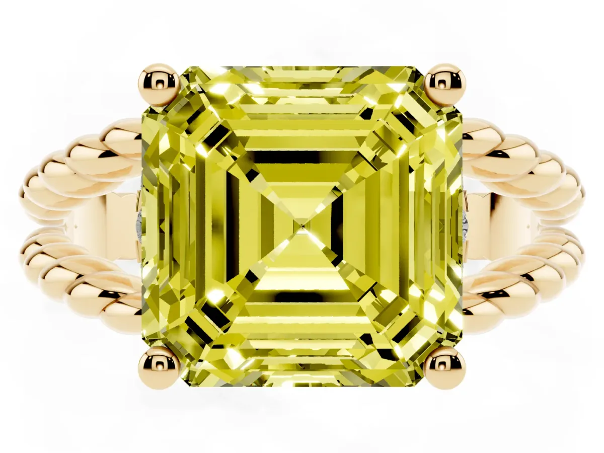 Fancy Yellow Asscher Cut Halo Twisted Band Four-Prong Ring Yellow gold
