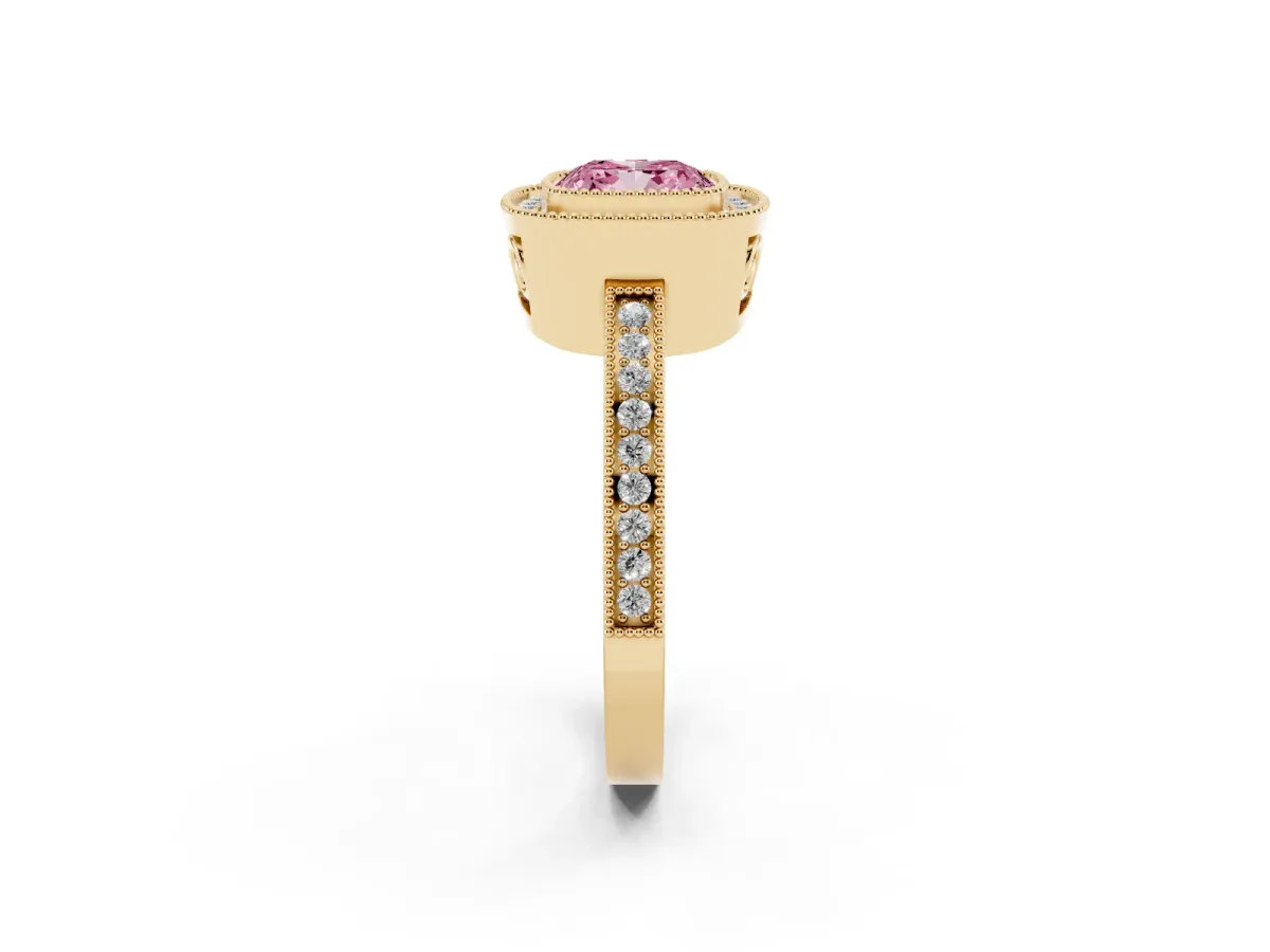 Fancy Pink Cushion Cut Cut Halo Diamond Ring with Pavé Band and Milgrain Prong Setting Yellow gold