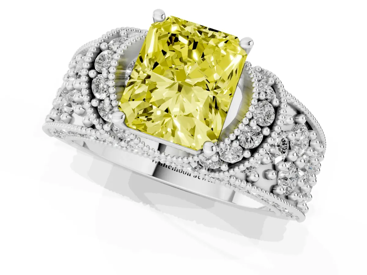 Fancy Yellow Radiant Cut Halo Pave Diamond Engagement Ring with Milgrain Detailing White gold