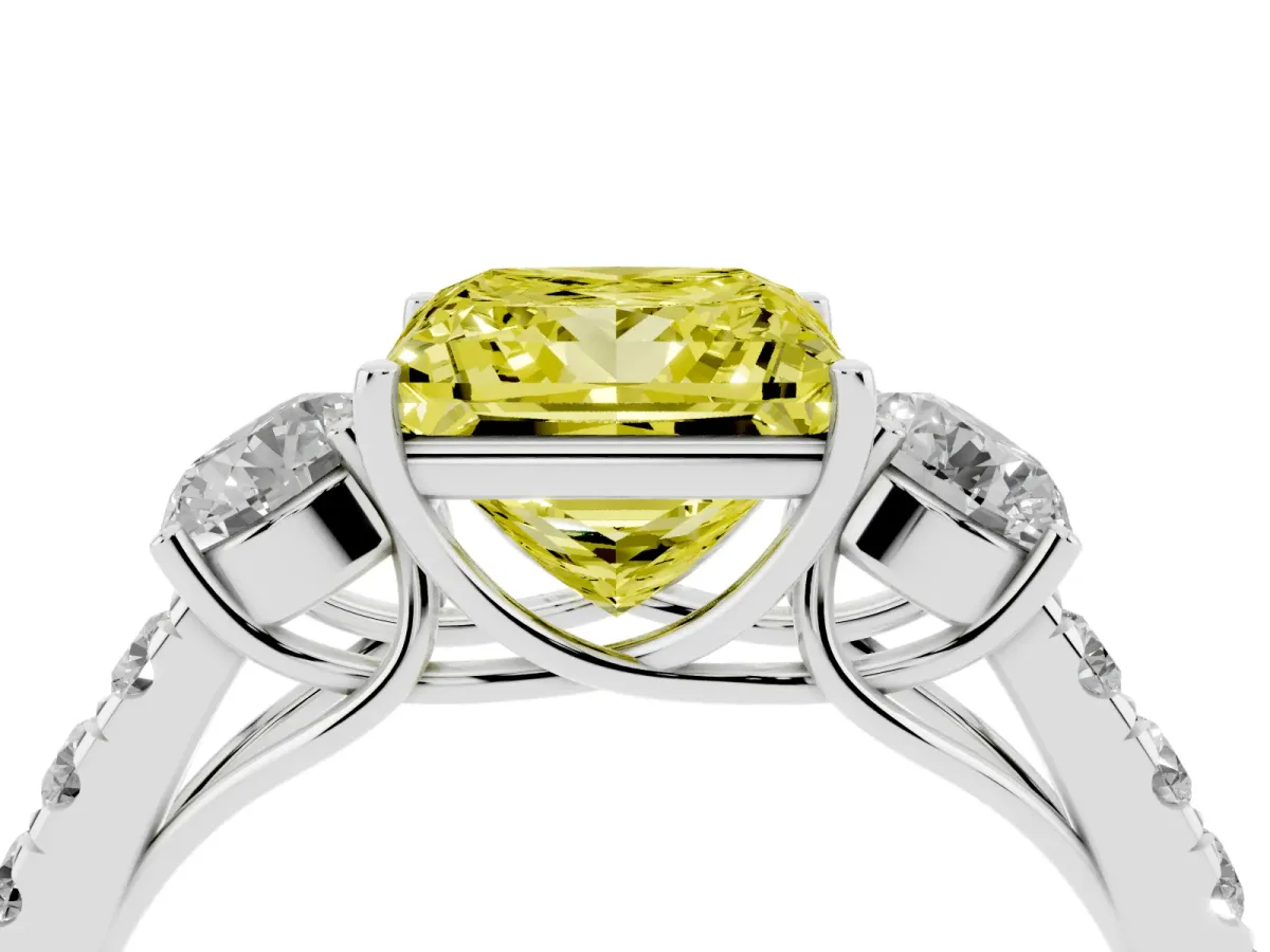 Fancy Yellow Princess Cut Cut Diamond Three-Stone Ring with Round Side Stones and Pavé Band Silver
