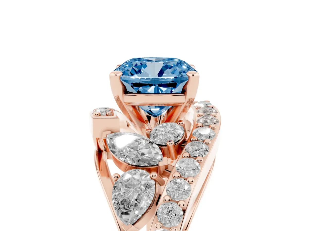 Fancy Blue Cushion Cut Diamond Halo Ring with Marquise and Pavé Band in Prong Setting Rose gold