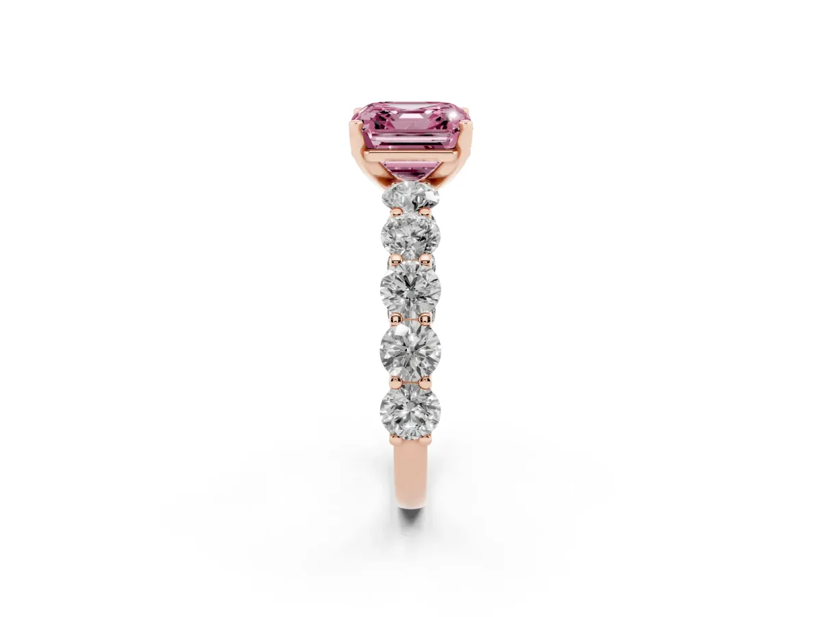 Fancy Pink Asscher Cut Diamond Prong Setting with Side Stones on a Pave Band Rose gold