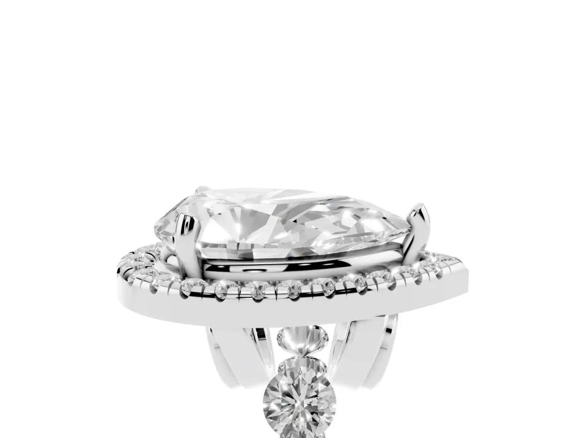 Pear Cut Halo Pavé Diamond Engagement Ring with Four-Prong Setting Silver