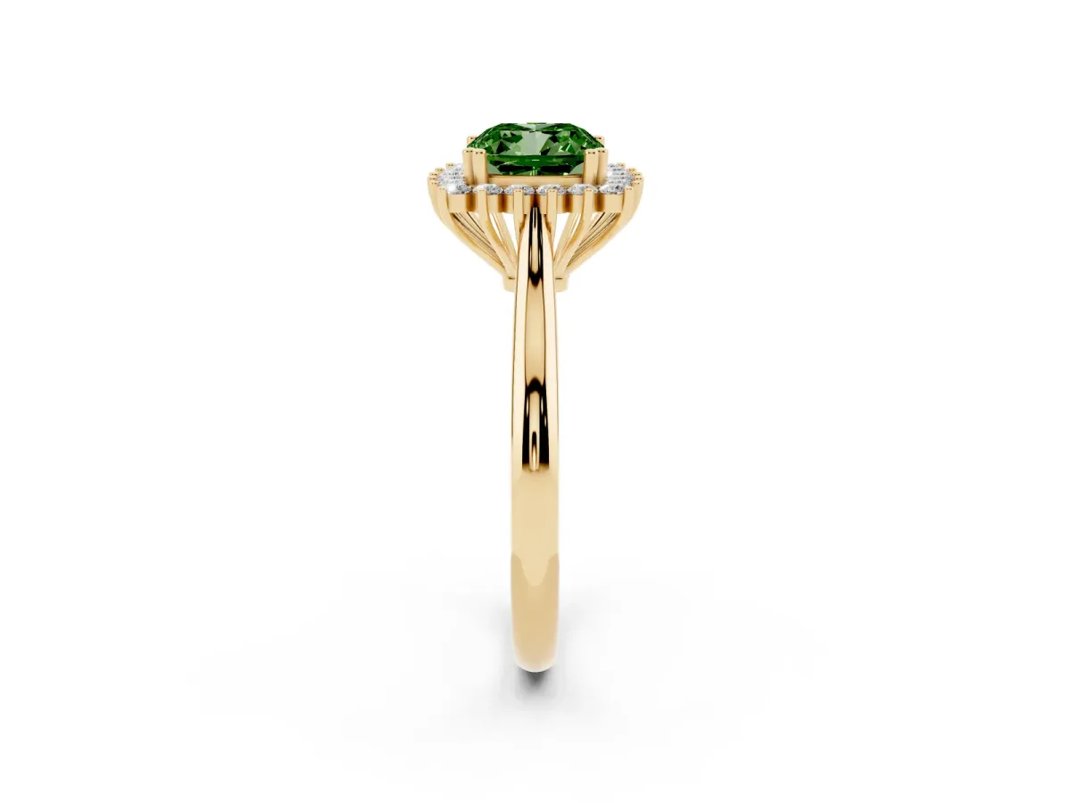 Fancy Green Cushion Cut Cut Diamond Halo Ring with Solitaire Band and Prong Setting Yellow gold