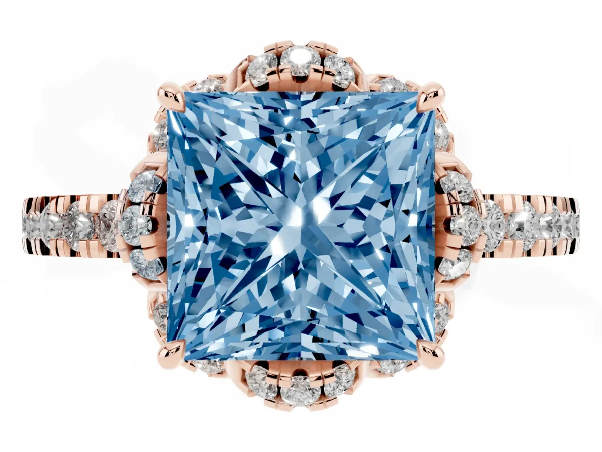 Fancy Blue Princess Cut Halo Diamond Pave Band Ring with Four-Prong Setting Rose gold