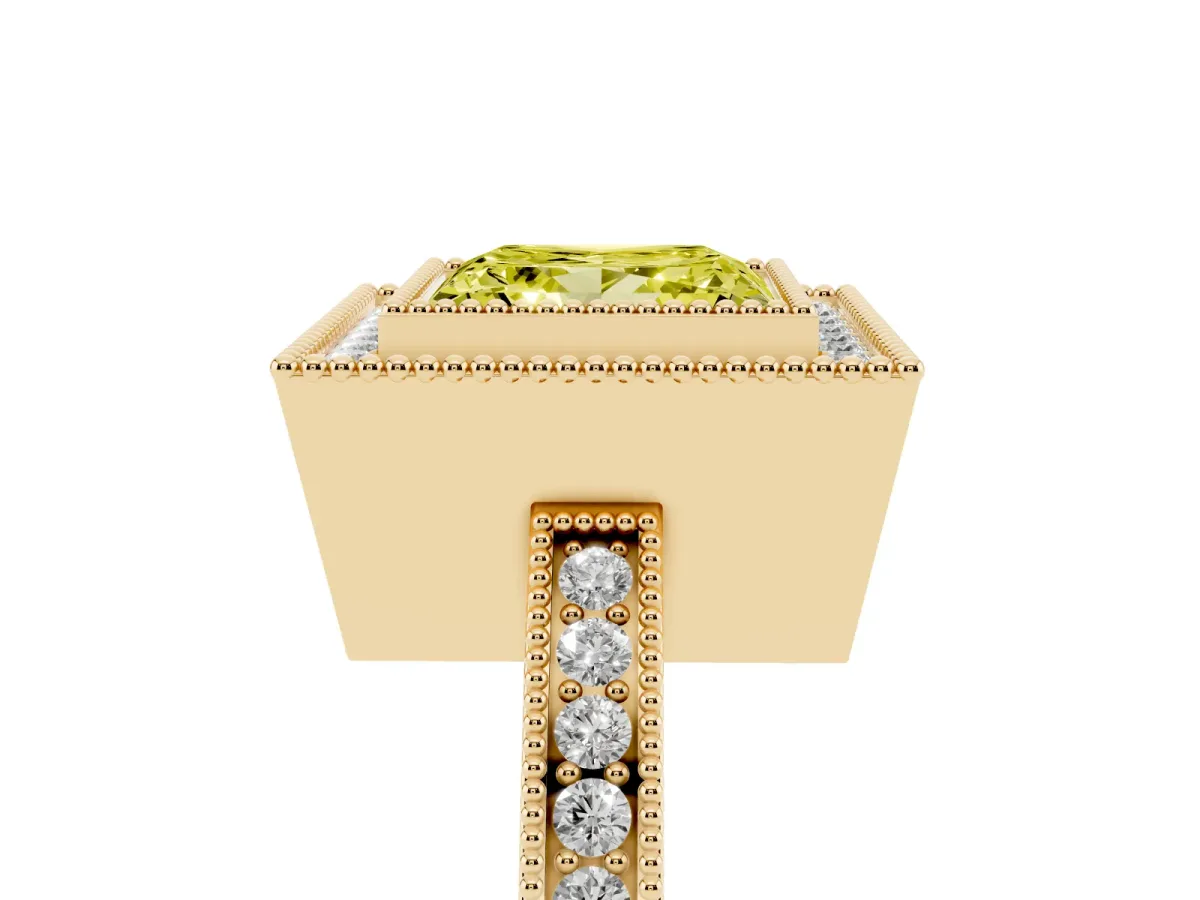 Fancy Yellow Princess Cut Cut Halo Diamond Ring with Pavé Band and Milgrain Prong Setting Yellow gold