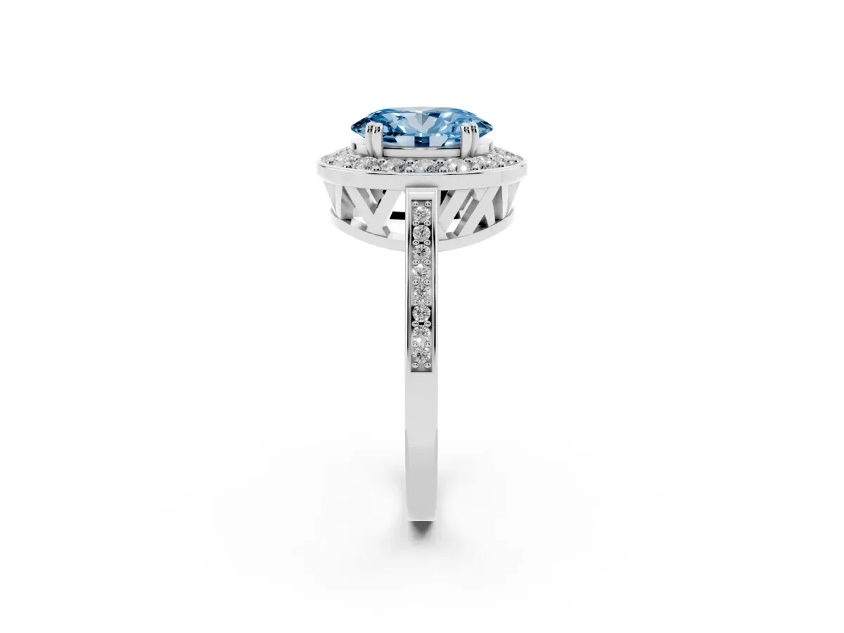 Fancy Blue Oval Cut Diamond Halo Ring with Split Shank and Four-Prong Setting White gold