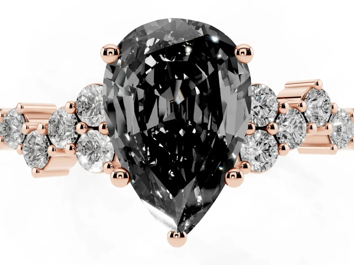 Fancy Black Pear Cut Diamond Scattered Round Accent Ring with Prong Setting Rose gold