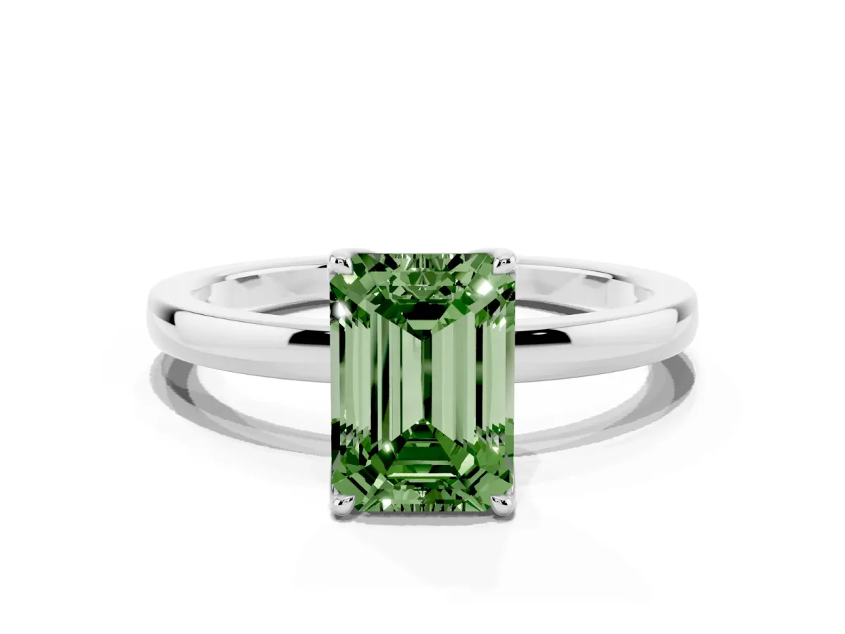 Fancy Green Emerald Cut Diamond Solitaire Ring with Thin Band and Prong Setting Platinum