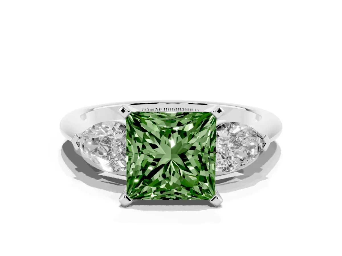 Fancy Green Three-Stone Princess Cut Diamond Ring with Pear Side Stones and Four-Prong Setting Silver