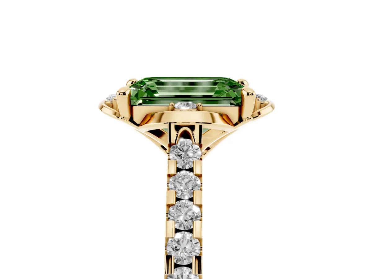 Fancy Green Emerald Cut Diamond Ring with Pavé Band and Floral Prong Setting Yellow gold
