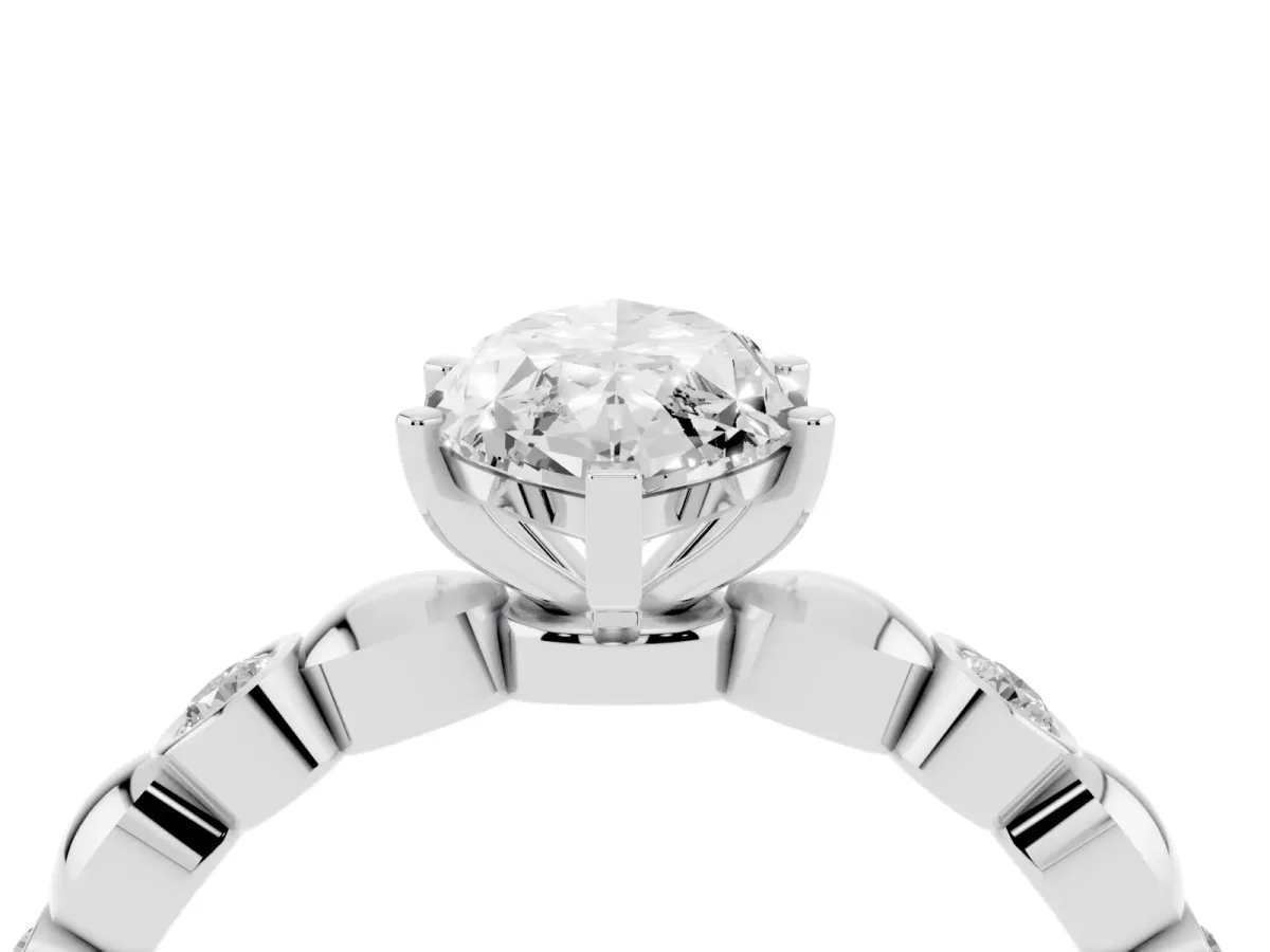 Marquise Cut Solitaire Bezel-Set Diamond Ring with Beaded Band and Four-Prong Setting Silver