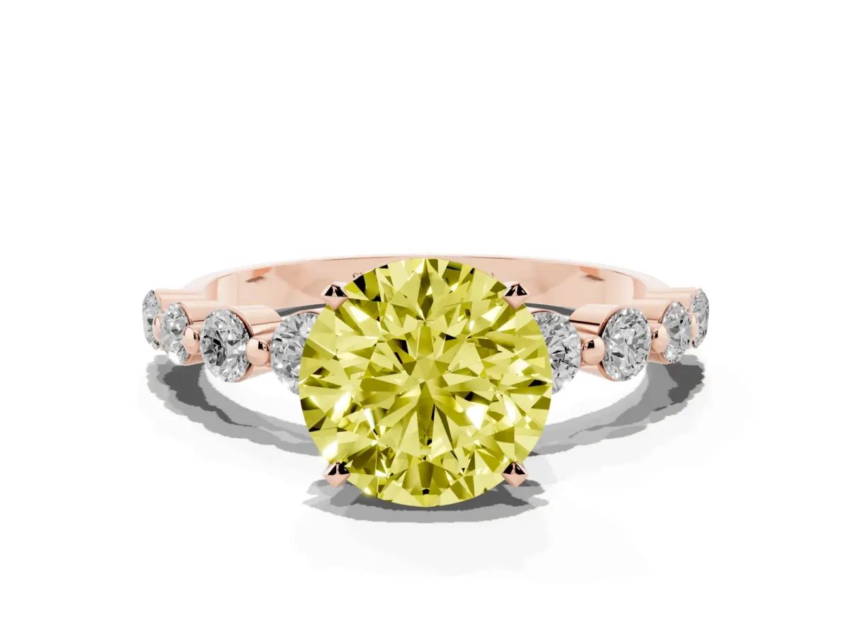 Fancy Yellow Round Cut Solitaire Diamond Ring with Pave Band and Four-Prong Setting Rose gold