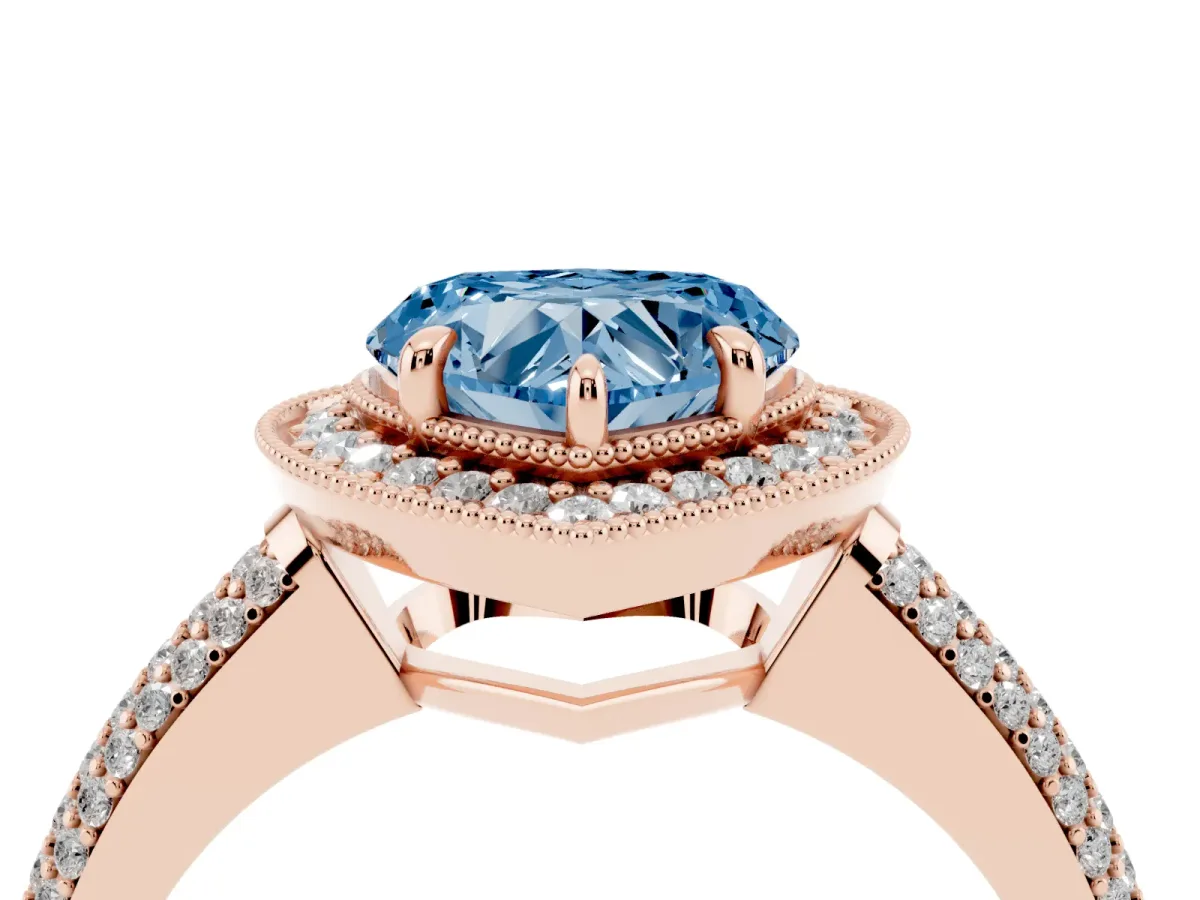 Fancy Blue Heart Cut Cut Halo Diamond Pave Band with Four-Prong Setting Rose gold