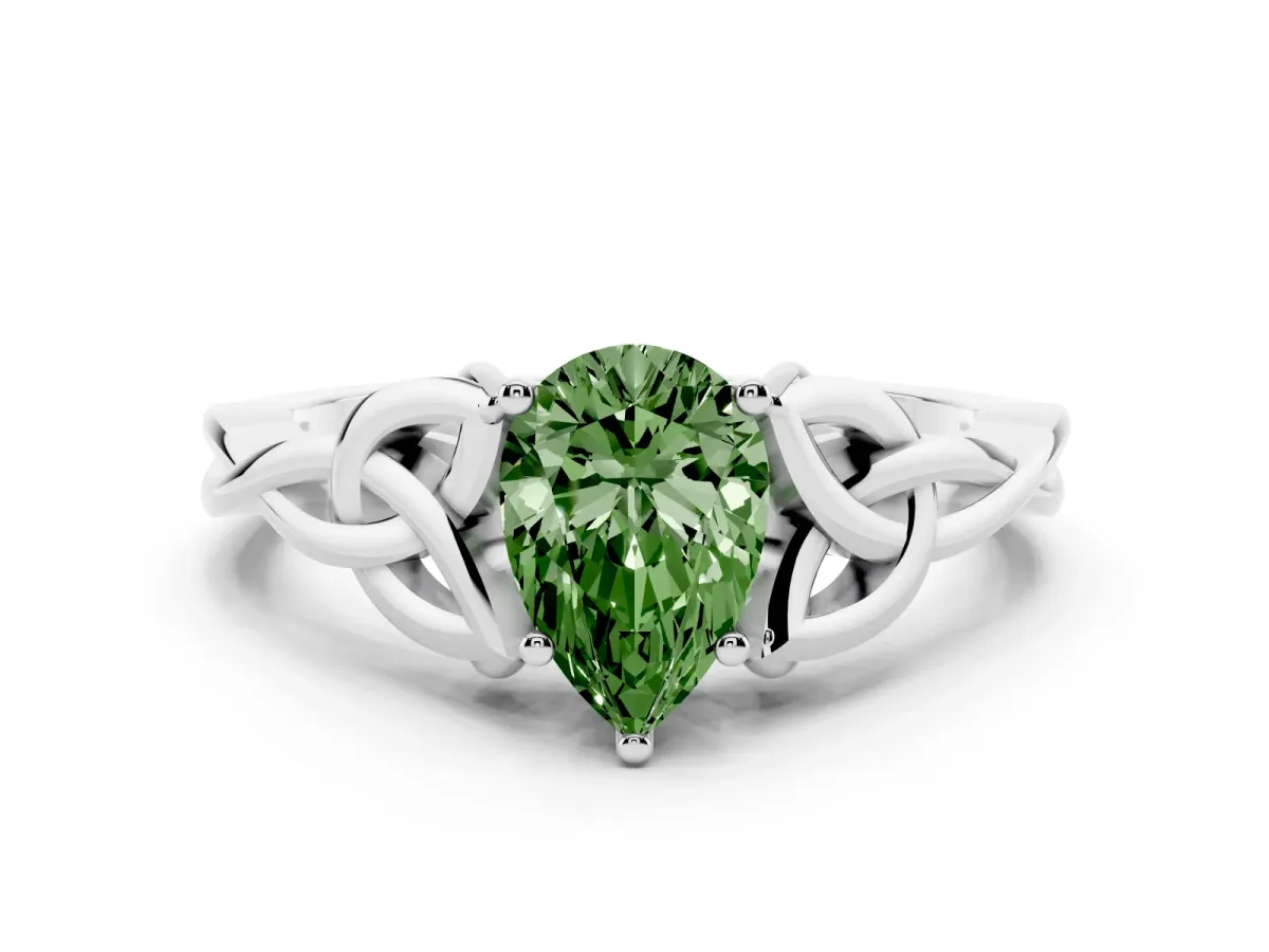 Fancy Green Pear Cut Diamond Solitaire Engagement Ring with Celtic Knot Band and Four-Prong Setting Platinum
