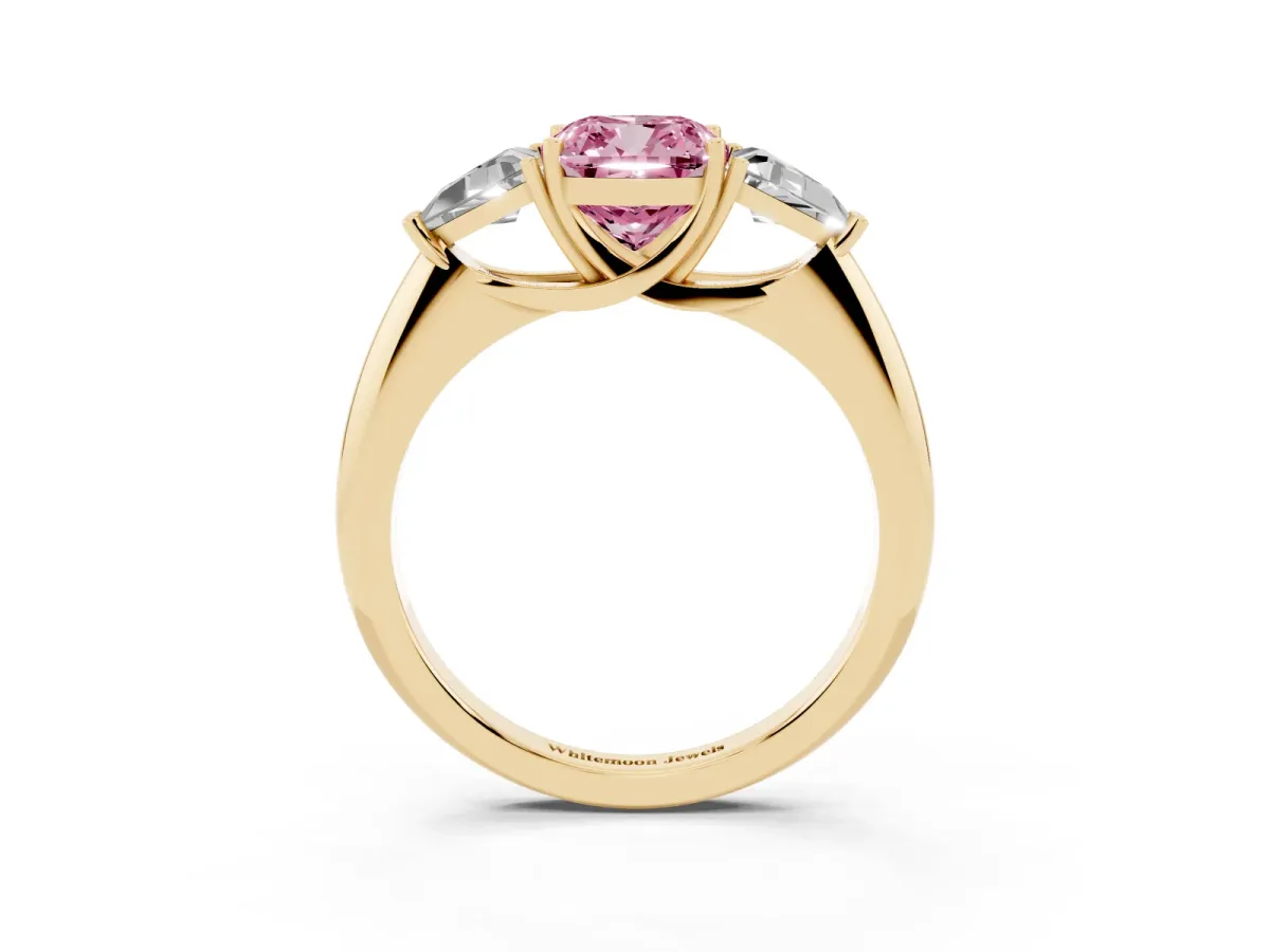 Fancy Pink Three-Stone Cushion Cut Diamond Engagement Ring with Trillion Side Stones and Prong Setting Yellow gold
