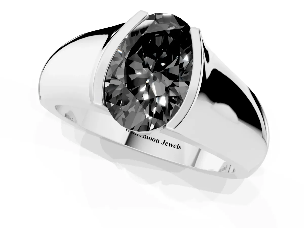 Fancy Black Oval Cut Solitaire Bezel Set Diamond Ring with Wide Band Silver