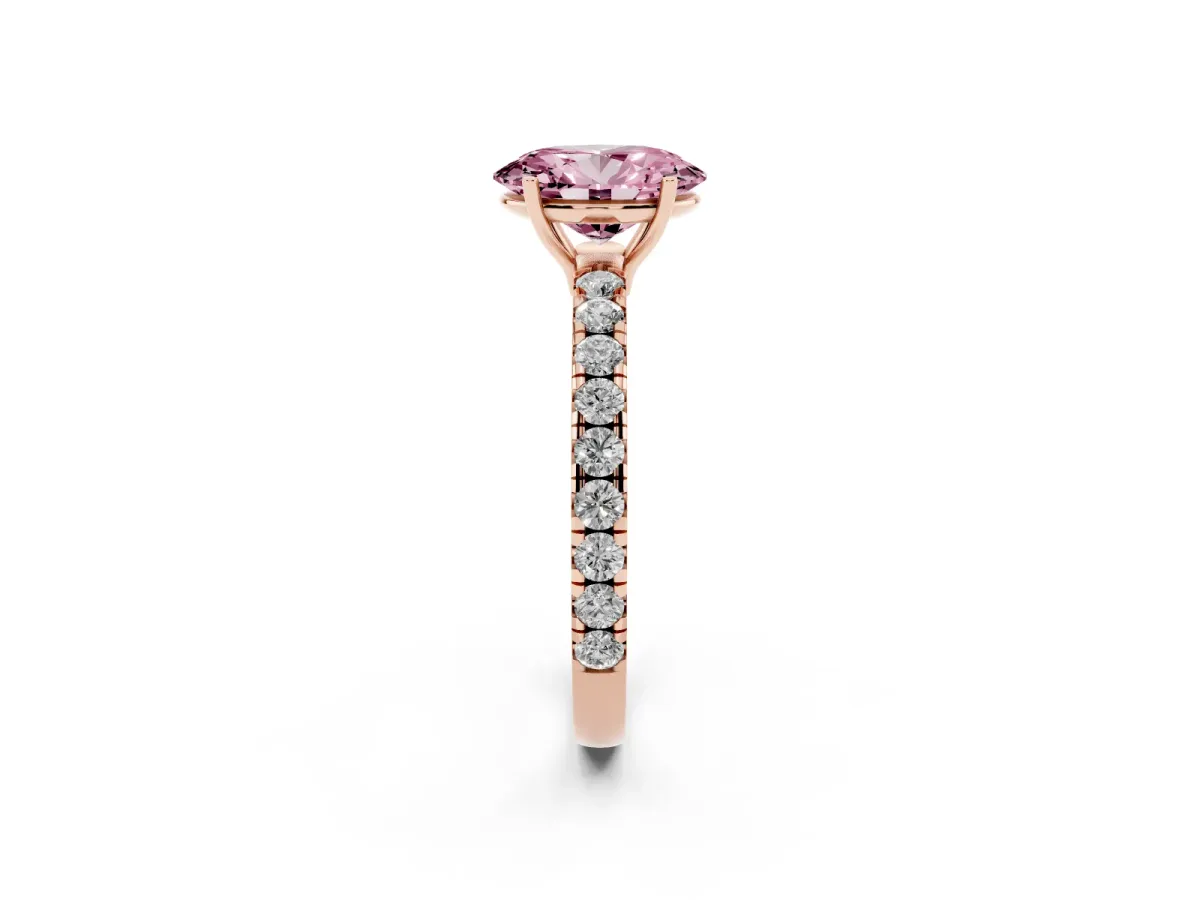 Fancy Pink Oval Cut Diamond Pavé Solitaire Engagement Ring with Four-Prong Setting Rose gold