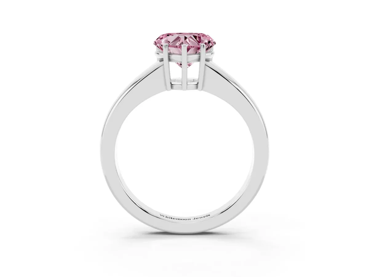 Fancy Pink Heart Cut Solitaire Diamond Ring with Tapered Band and Four-Prong Setting White gold