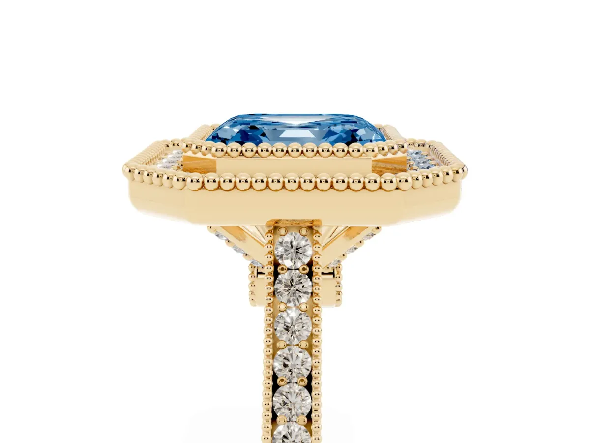 Fancy Blue Asscher Cut Diamond Halo Ring with Milgrain Frame and Pavé Band Yellow gold