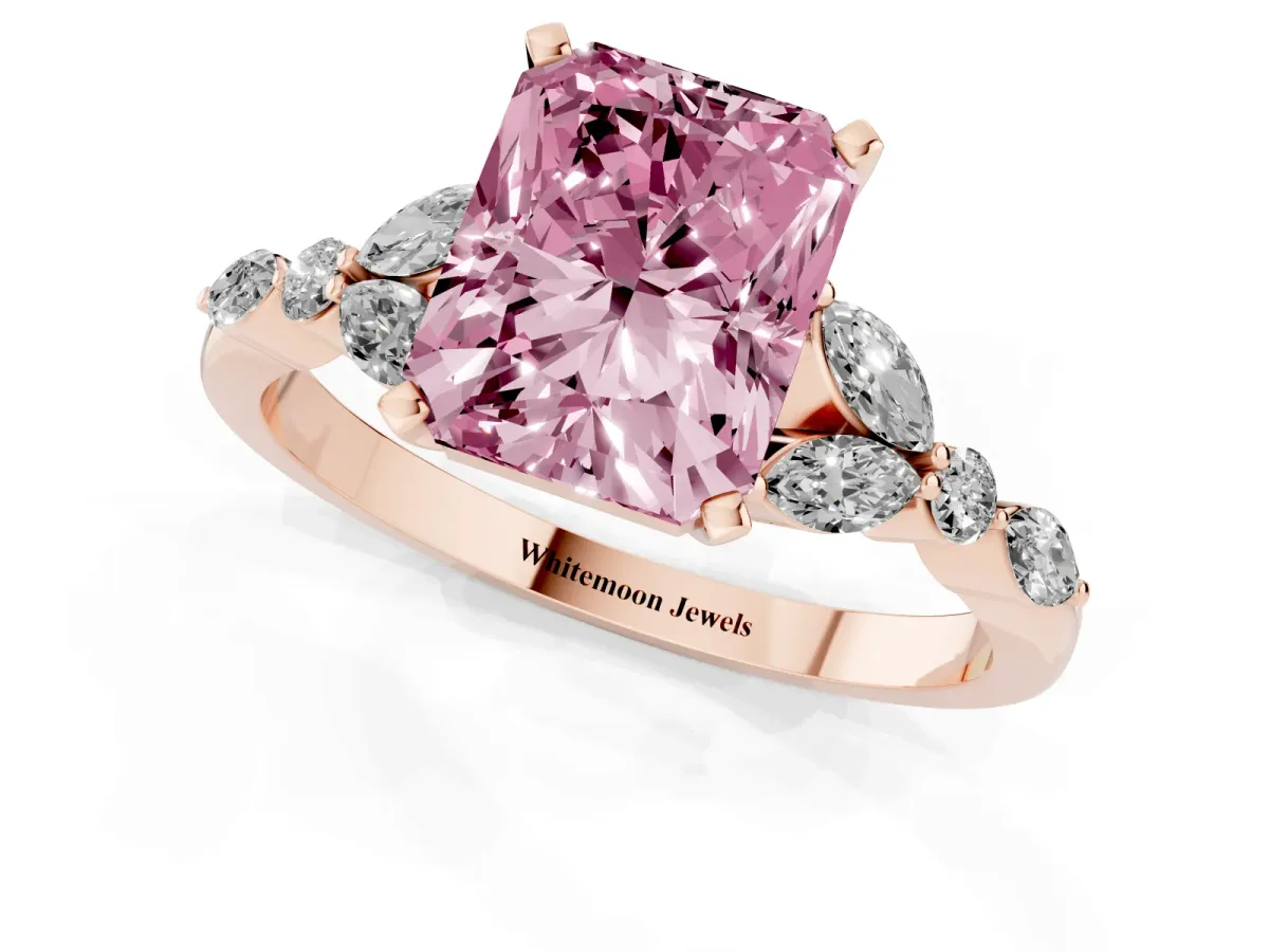 Fancy Pink Radiant Cut Diamond Solitaire Ring with Side Stones and Four-Prong Setting Rose gold